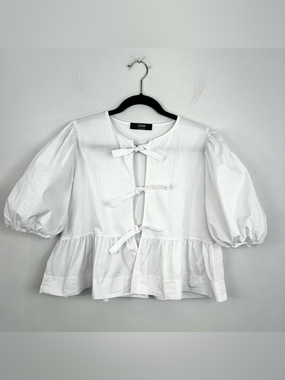 Quiet luxury white tie front puff sleeve boxy oversied peplum statement blouse M - Picture 4 of 14